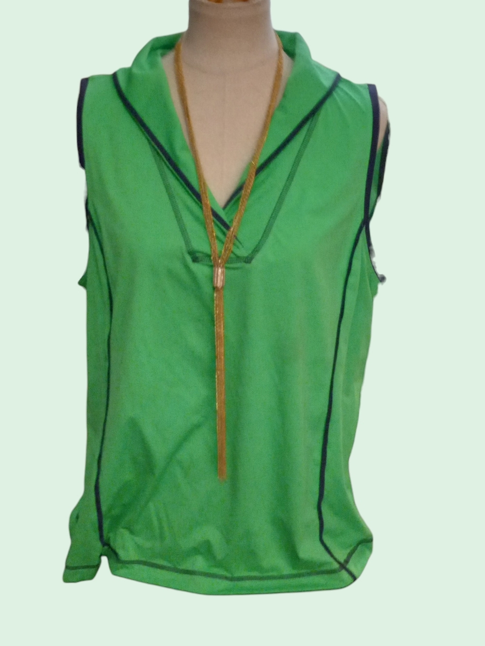 Green Sleeveless V-Neck Top with Contrast Piping